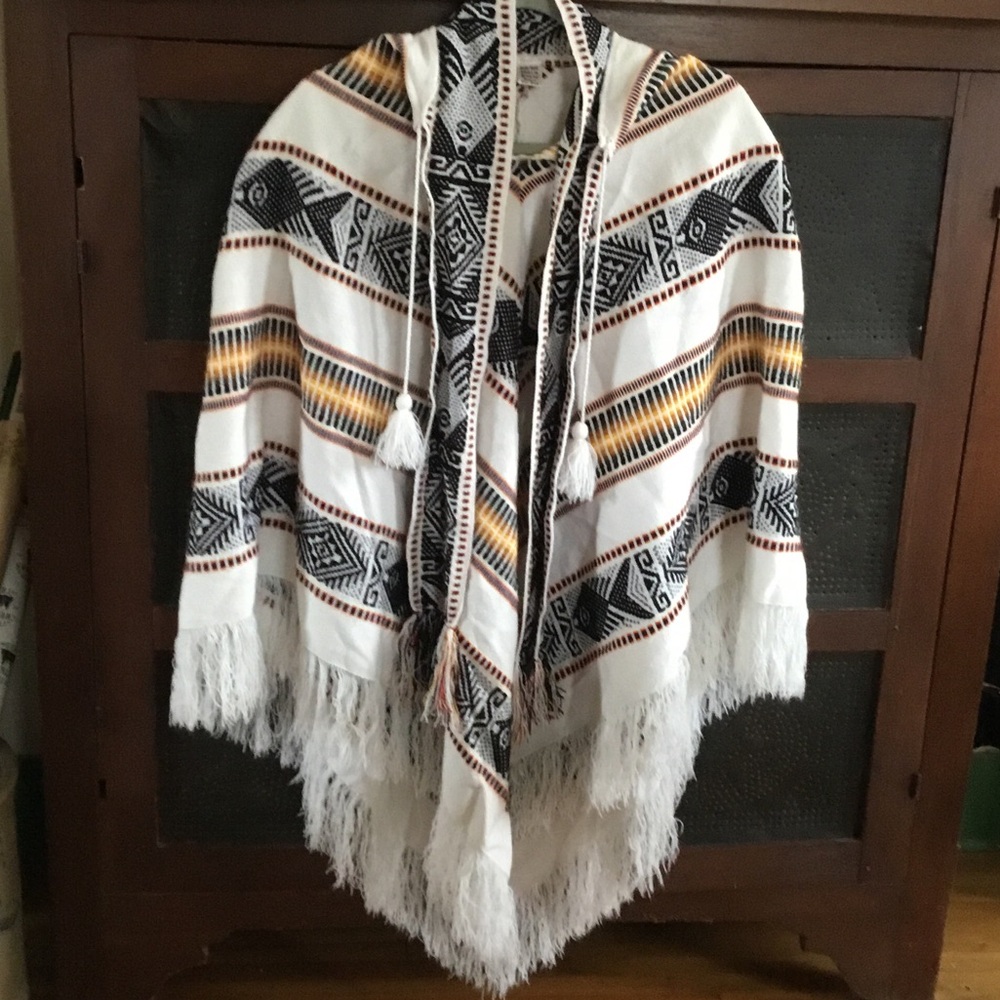 Boho Fringe Sweater Poncho in Cream with Black & Mustard Pattern